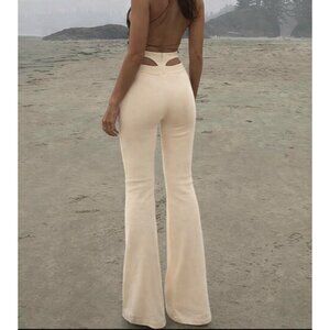 Bershka Pants Women's Ivory Stretch Wide Leg Back Cut-Out Sz L NWT